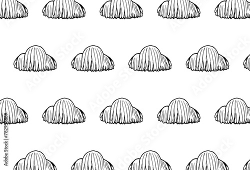 Lion mane mushroom seamless pattern on white background. Hand drawn illustration. Edible mushrooms wallpaper.