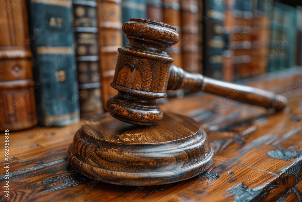 A wooden gavel rests authoritatively on a table with a collection of legal books blurred in the background A wooden gavel rests authoritatively on a table with a collection of legal books blurred in the background