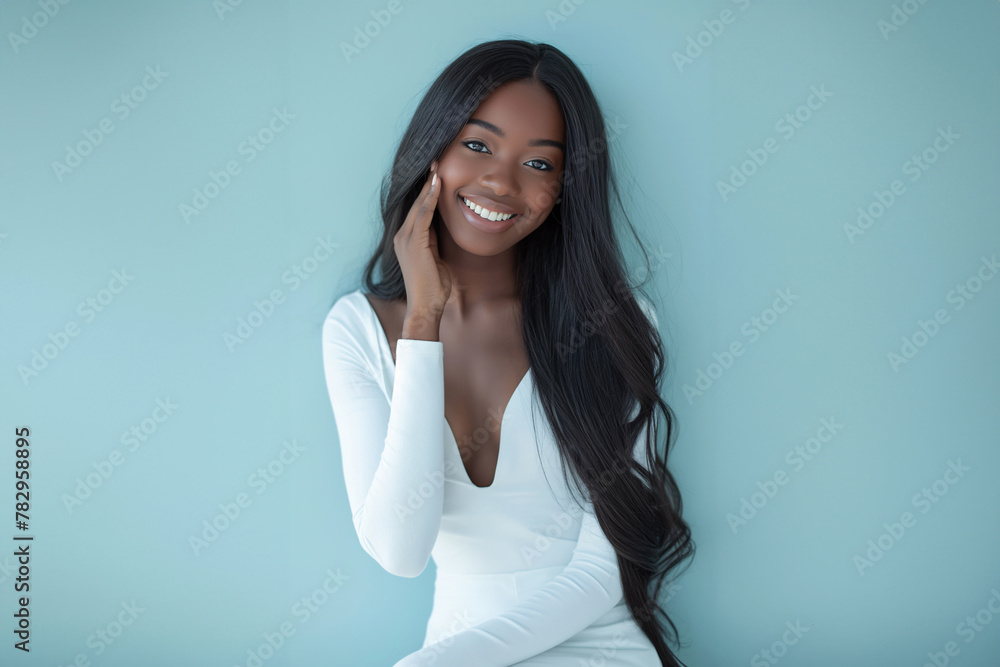 A black woman in a white dress is striking a pose for a photograph. A black woman in a white dress is striking a pose for a photograph.