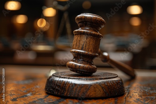 An iconic image of a classic wooden gavel resting on a glossy wooden surface inside a courtroom setting