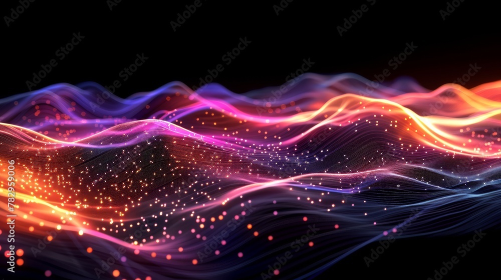 Wave of particles on a gradient hologram with a digital technology background.