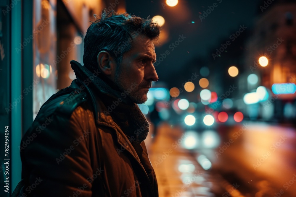 Handsome man in the city street at night, looking away