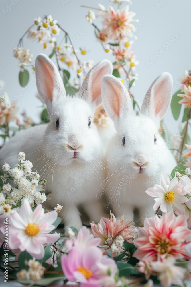 Two cute white rabbits sitting in a field of colorful flowers. Ideal for Easter or spring-themed designs