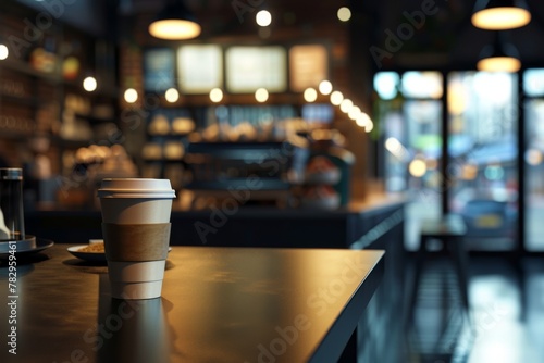 A disposable coffee cup on a modern cafe counter with a blurred background. Takeaway Coffee Cup on Cafe Counter photo