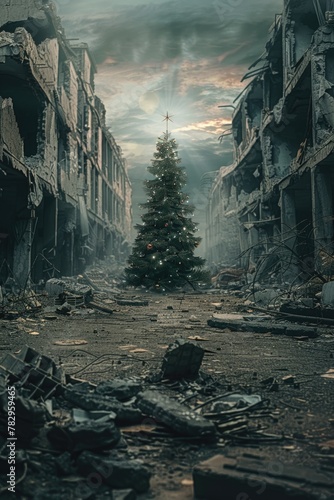 A Christmas tree stands tall amidst a ruined city. Ideal for post-apocalyptic themes