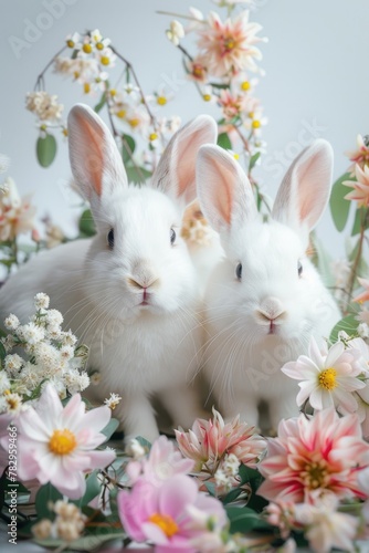 Two cute white rabbits sitting in a field of colorful flowers. Ideal for Easter or spring-themed designs © Fotograf