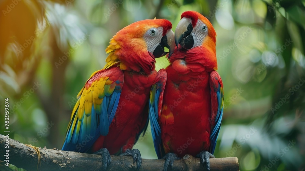 Vibrant Parrot Companions Conversing in Lush Tropical Rainforest Habitat