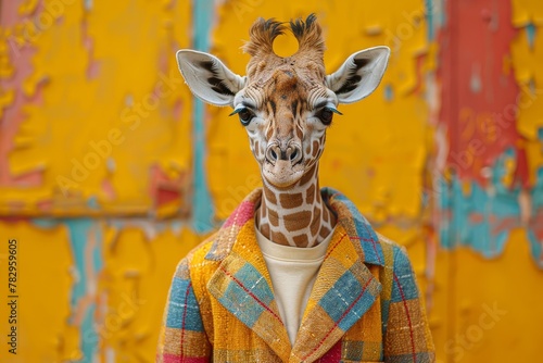 A trendsetting giraffe stares confidently, contrasting against a background of bright yellow and peeling paint photo