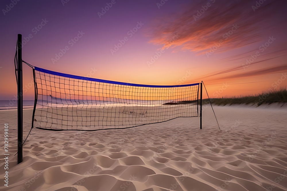 Silhouette of a volleyball net contrasts with a fiery sunset on a secluded beach. Silhouette of a volleyball net contrasts with a fiery sunset on a secluded beach.