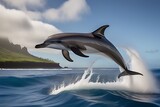 Bottlenose dolphins jump out of the clear blue ocean. Its slender body shimmered in the sunlight.