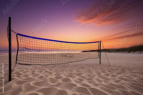Silhouette of a volleyball net contrasts with a fiery sunset on a secluded beach. photo
