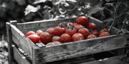 A wooden crate filled with ripe  juicy red tomatoes. Perfect for food and agriculture concepts