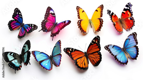 Isolated collection of colorful butterflies over white background. AI Generative