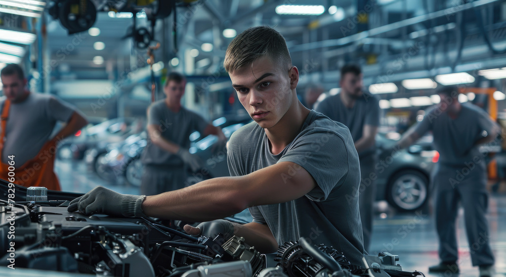 A young man is working on the engine of an SUV in front of him, he has short hair and wears black tshirt with grey gloves
