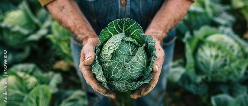 closeup shot of one cabbage in bird eye view held by a farmer with both hands on a cabbage farm background, 