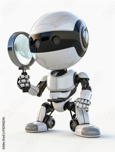 Hyperrealistic image of a small chat robot posing with a large magnifying glass, set against a white isolated background, perfect for search bars