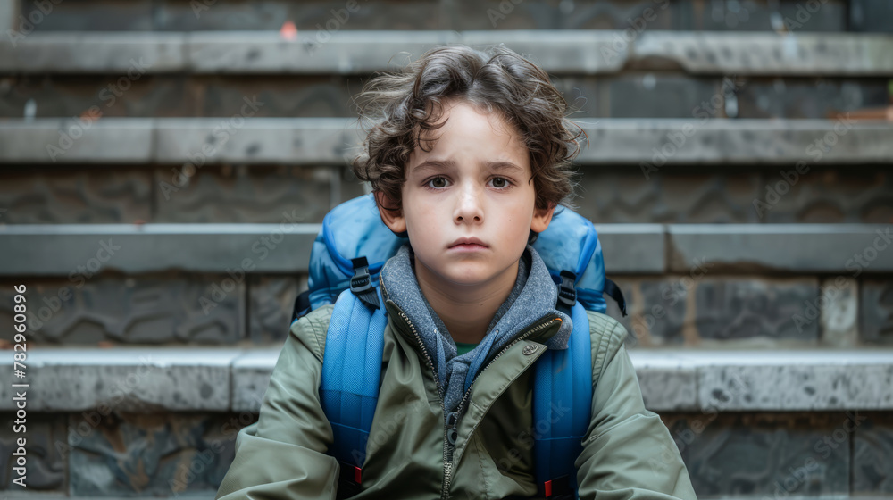 Young boy sits alone on stairs, looking sad and contemplative. Young boy sits alone on stairs, looking sad and contemplative.