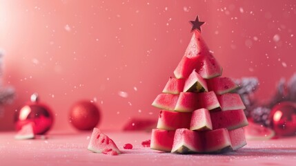 A unique Christmas tree made out of watermelon slices. Perfect for summer holiday celebrations