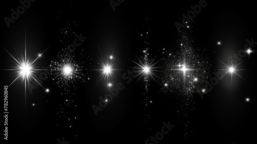 This art set features a modern set of glowing light effect stars bursts isolated on black background. The design can be used for illustration template art, banners for Christmas celebrations, magic