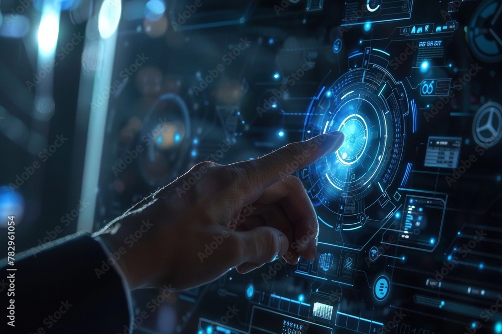 close-up view of a businessman's hand confidently pressing a control on a futuristic holographic user interface (HUD), rendered in ultra-realistic and cinematic high-definition close-up view of a businessman's hand confidently pressing a control on a futuristic holographic user interface (HUD), rendered in ultra-realistic and cinematic high-definition