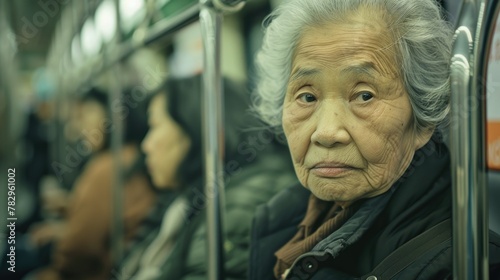 Elderly woman sitting on bus, suitable for transportation concept