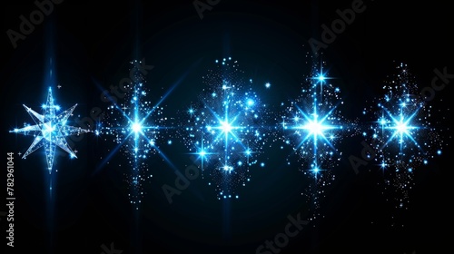 Concept modern set with glow light effects and sparkles isolated on black. Use as an illustration template, a banner to celebrate Christmas, or a macro flash energy ray.......