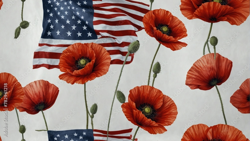 red poppy flowers with american flag single stick floating white background fully decorated,poppy flowers and poppies