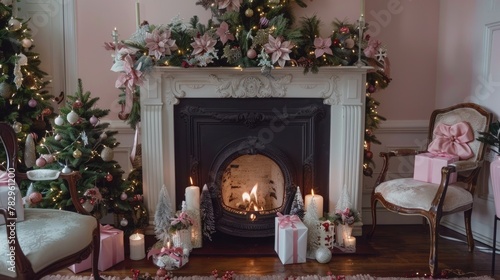 Cozy fireplace with burning candles and colorful presents in front of it. Perfect for holiday season decorations
