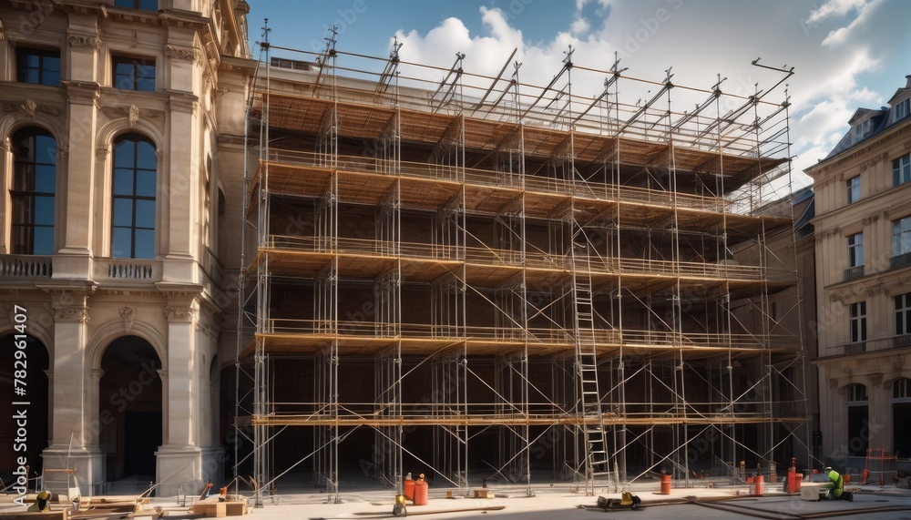 An extensive scaffold structure supports the renovation of a classic building under clear skies.. AI Generation