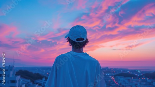 Serene Sunset: Contemplative Young Man Embracing Dusk