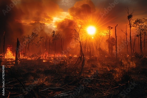 A striking image showing the charred remains of a forest under a fiery sunset, depicting nature's fury and beauty photo