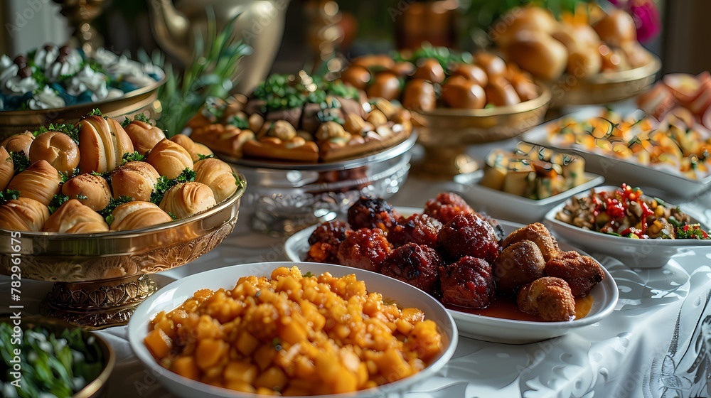A festive scene of friends and family gathering for a celebratory Eid feast, with a lavish spread of delicious dishes and desserts laid out on a table adorned with 