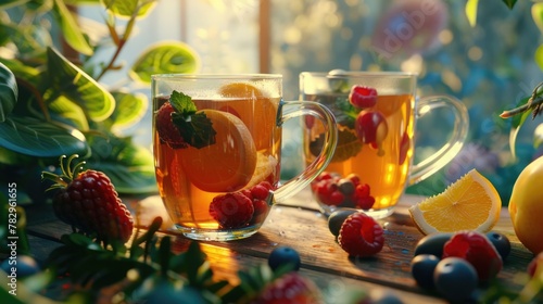Two glasses of tea with fruit on a table, ideal for food and beverage concepts