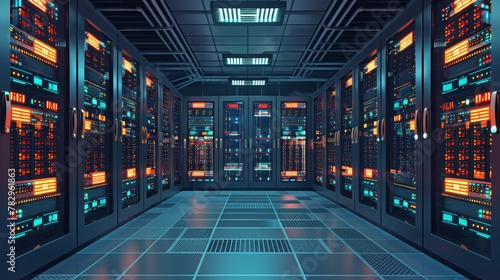 Business Network: A 3D vector illustration of a network server room in a business setting