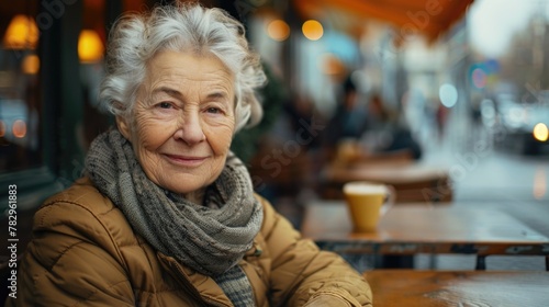 A woman sitting at a table with a cup of coffee. Suitable for coffee shop or relaxation concepts