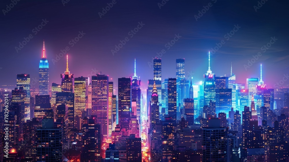 City Skyline: A 3D vector illustration of a city skyline at night