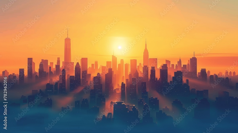 Obraz premium City Skyline: A 3D vector illustration of a city skyline during a sunrise