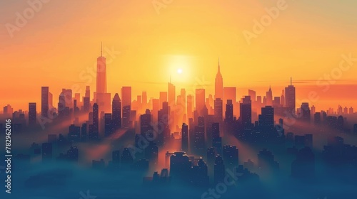 City Skyline: A 3D vector illustration of a city skyline during a sunrise