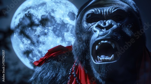 A powerful gorilla roaring under a full moon. Perfect for wildlife and nature themes