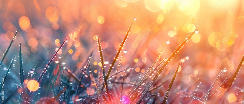 Sunrise on dewy grass, close up, sparkling light, detailed droplets - obrazy, fototapety, plakaty 
