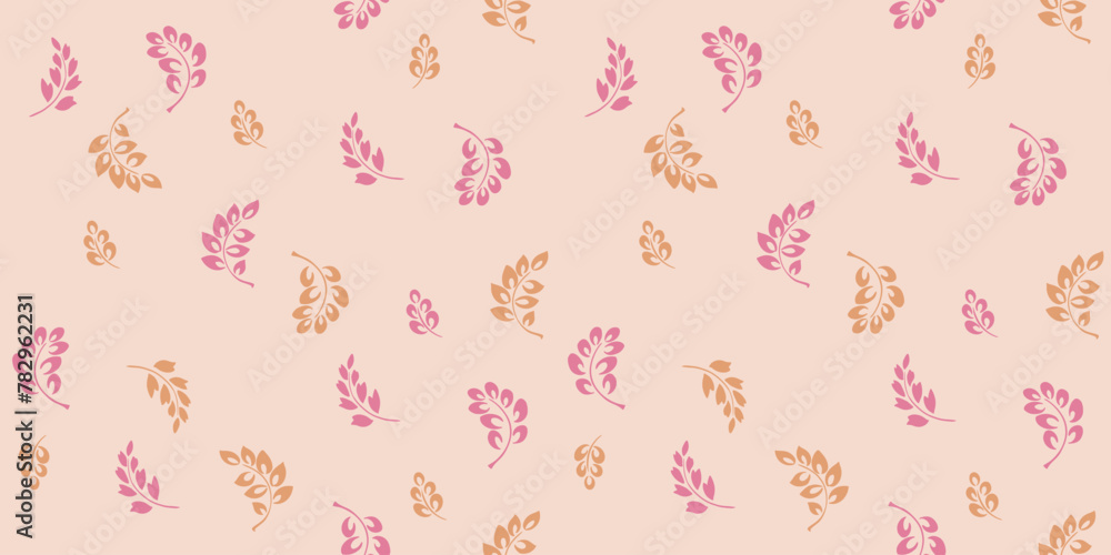 Cute tiny abstract branches leaves randomly scattered on a seamless pattern. Simple, pastel, minimalist beige printing. Vector hand drawn sketch. Template for design, textile, fabric Cute tiny abstract branches leaves randomly scattered on a seamless pattern. Simple, pastel, minimalist beige printing. Vector hand drawn sketch. Template for design, textile, fabric