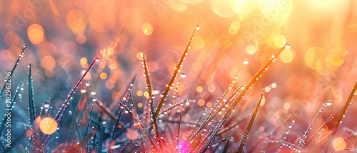 Sunrise on dewy grass, close up, sparkling light, detailed droplets photo