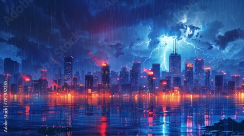 City Skyline Network  A 3D vector illustration of a city skyline during a thunderstorm