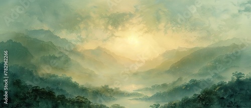 Sunrise mist in valley, close up, soft colors, detailed textures, serene