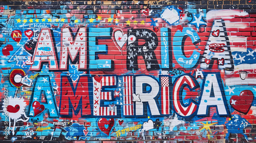 Graffiti brick wall typography words America for 2024 president election patriotic USA pride mural street art banner red white blue flag stars stripes spray paint urban democracy background