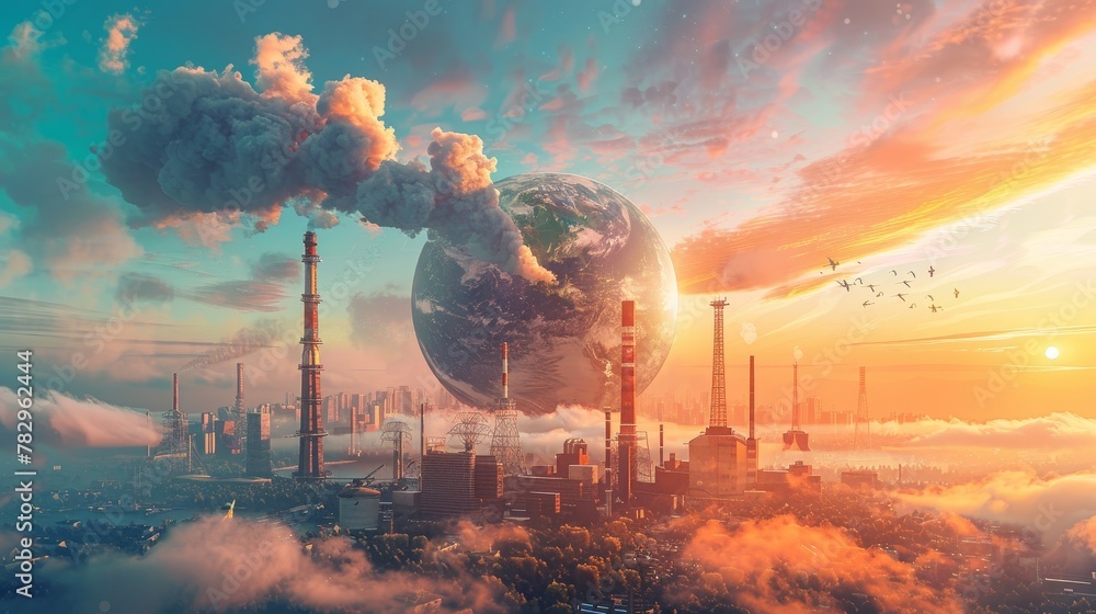 Climate Change: A 3D vector illustration of a globe with industrial smokestacks emitting pollution - obrazy, fototapety, plakaty 