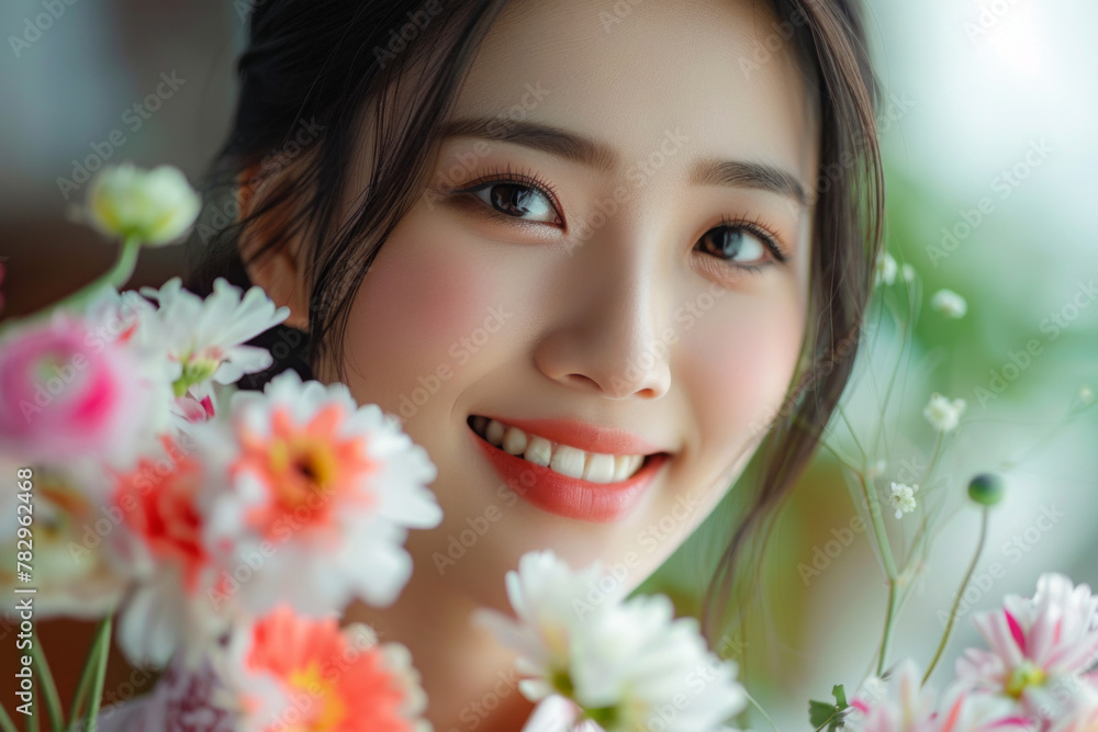 A beautiful woman holding flowers and smiling happily A beautiful woman holding flowers and smiling happily