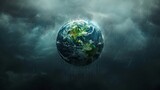 Climate Change: A 3D vector illustration of a globe with dark clouds and heavy rainfall