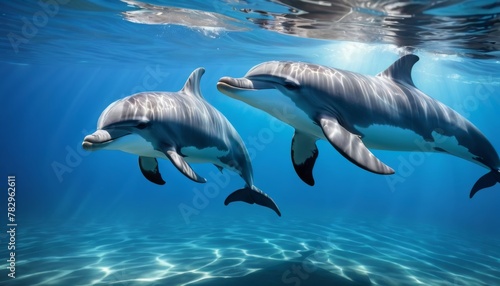 A duo of dolphins gracefully glide through the crystal-clear waters, showcasing their playful nature and intelligence.. AI Generation © Anastasiia