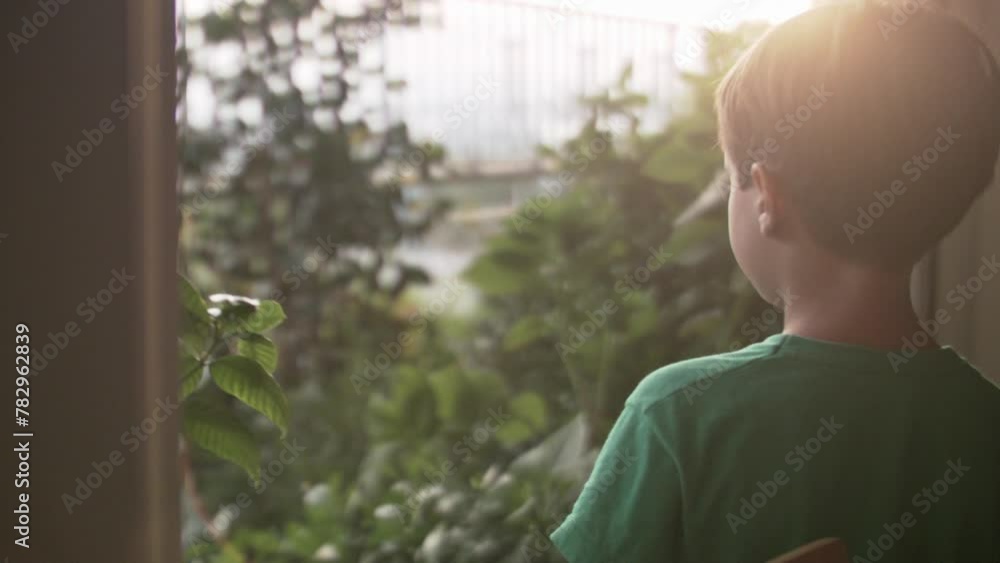 Young boy in green shirt gazing thoughtfully through a window into the garden Young boy in green shirt gazing thoughtfully through a window into the garden